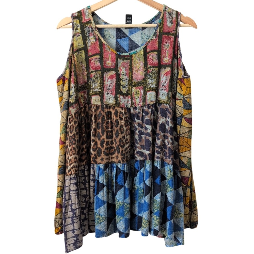 Sacred Threads Patchwork Top Leopard Geometric Mixed Boho Arty Shabby Chic L/XL